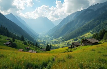 Obraz premium Scenic shot of village in valley during daytime. Mountain houses located on green hills slope. Cloudy blue sky above landscape. Holiday cottages among grassy fields in summer.