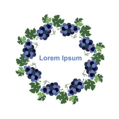 Grape circle frame. Bunch of blue grapes with leaves flat design illustration for web, for print design element object, for product design, Lorem Ipsum
