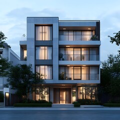 Contemporary Townhouse with Illuminated Windows at Dusk Image