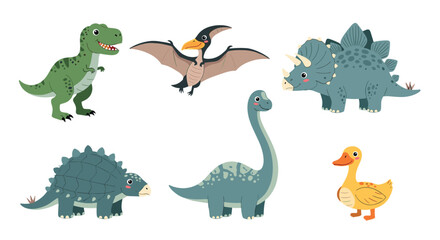 Naklejka premium Cute cartoon collection of various prehistoric dinosaurs including a T-rex and a Stegosaurus.