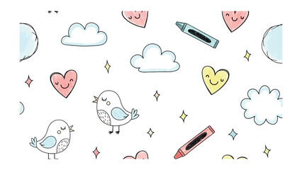Whimsical Illustration: A delightful illustration showcases a playful arrangement of clouds, hearts, birds, and crayons, conveying a sense of childlike wonder and creativity.