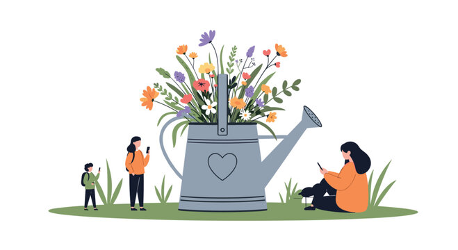 Miniature people work together to tend a large bouquet of flowers inside a giant watering can.