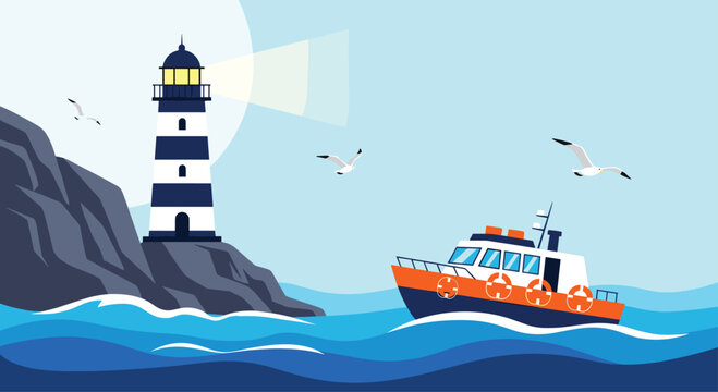 Rescue boat approaches a tall lighthouse on a rocky coast during a choppy day at sea.