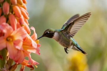 Fototapeta premium A hummingbird hovers near vibrant orange flowers, feeding with its beak extended into a bloom.
