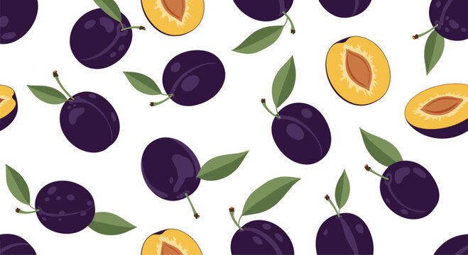 Fresh seamless pattern of ripe purple plums and green leaves on a clean white background.