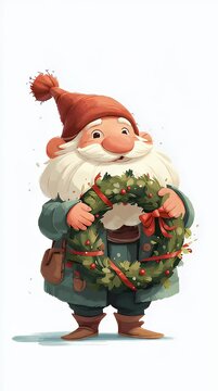 Cartoon Christmas Dwarf with Wreath White Background
