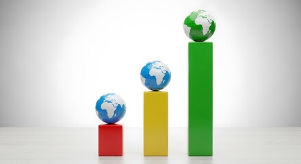 Three dimensional bar chart with small globes representing global growth statistics and market success
