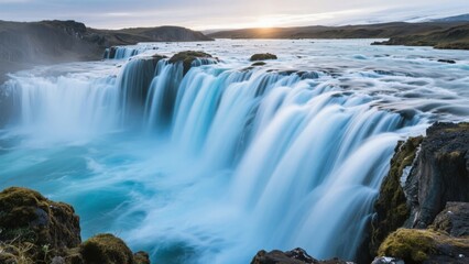 A wide waterfall cascades over rocky cliffs into a turquoise river at sunset, surrounded by moss-covered stones and distant hills.