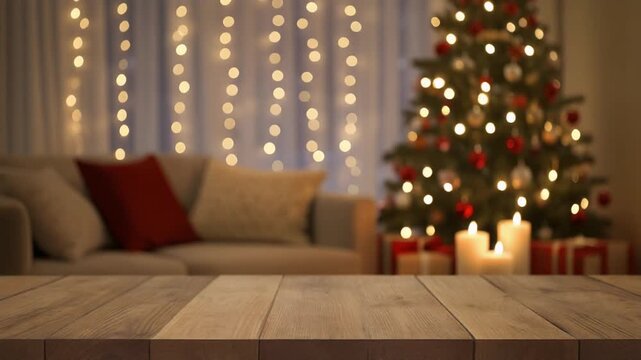 A warm and cozy living room decorated for Christmas, featuring soft yellow fairy lights, a classic Christmas tree, and gentle bokeh in the background. The scene feels peaceful and inviting, perfect fo