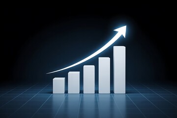 3d bar graph showing upward trend with glowing arrow on dark grid background