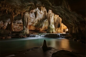 Stalactites and stalagmites in a cavern with underground river and waterfall