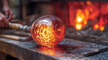 Glassblowing with molten glass with craft, fire, studio, and workshop.