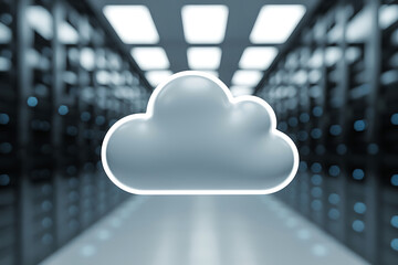A stylized cloud icon floating in the center of a server room aisle, representing cloud computing