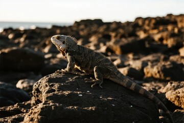 Iguana resting on a rocky surface near the coastline during golden hour