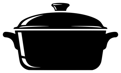 A black and white silhouette of a casserole dish with a lid, black, blanket, container, flat, home appliance, icon, illustration, kitchenware, lid, pan, pot, profile, against transparent background