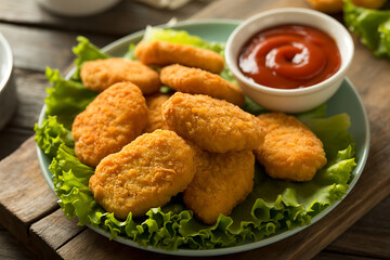 Fototapeta premium Crispy golden chicken nuggets served with a side of ketchup and fresh lettuce garnish