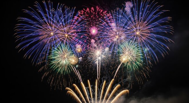 Colorful Fireworks Explosion in Night Sky