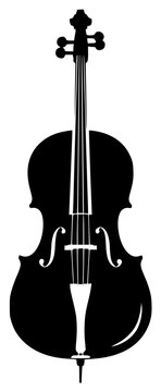 A black and white silhouette of a cello on a plain , black, bow, cello, illustration, instrument, profile, violin, against transparent background