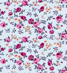 Fototapeta premium Vintage Floral Seamless Pattern with Roses – Soft Blue Background