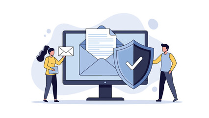 Digital security concept with people, computer, and email protection shield.