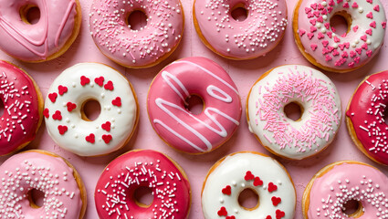 Colorful donuts with pink and white icing and heart-shaped sprinkles arranged on a pastel background. Sweet dessert concept for Valentine’s Day.