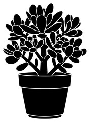 A black and white silhouette of a potted plant with succulents, black, fill, flower, houseplant, icon, illustration, plant, pot, profile, against transparent background