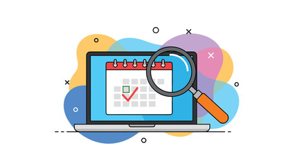Laptop displaying a calendar with a magnifying glass highlighting a checked date.