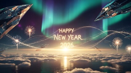 Festive new year celebration with fireworks illuminating a winter landscape and aurora borealis