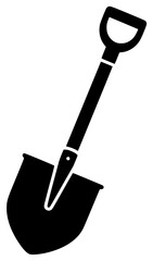 A black and white silhouette of a shovel, black, equipment, flat, handle, hoe, icon, illustration, profile, rake, scoop, shovel, tool, against transparent background
