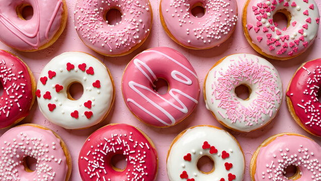 Colorful donuts with pink and white icing and heart-shaped sprinkles arranged on a pastel background. Sweet dessert concept for Valentine’s Day. - Powered by Adobe