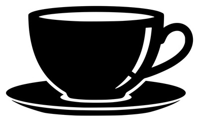 A black and white silhouette of a cup and saucer, beverage, black, coffee, coffee cup, cup, icon, illustration, liquid, mug, plate, profile, saucer, tea, teacup, against transparent background