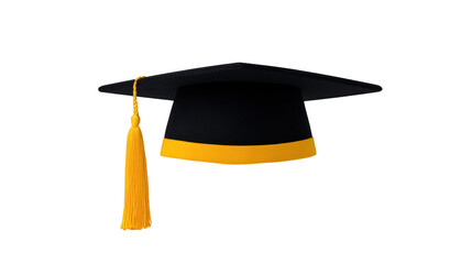 Graduation cap with yellow tassel and band, symbolizing academic achievement and celebration, isolated on transparent background for educational or congratulatory design