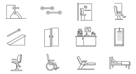 Fototapeta premium line art icons accessible features medical equipment patient care and disability support in healthcare settings.
