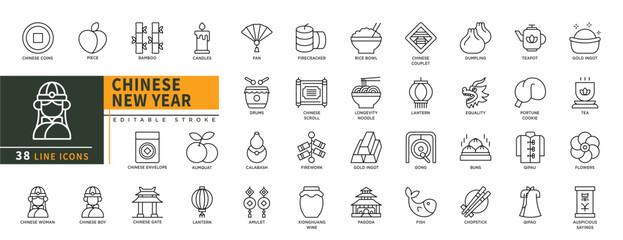 Minimalist Chinese New Year line icons set with editable stroke, featuring coins, piece, bamboo, gate, lattern, amulet, kumquat, calabash, drums, tea pot, flowers, pagoda. thin linear illustration.