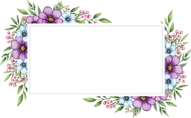 Elegant Watercolor Floral Frame Design with Purple and Blue Flowers, Green Leaves, and Pink Berries, Perfect for Invitations