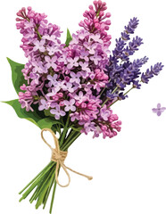 Vibrant spring bouquet featuring aromatic lilac and calming lavender flowers, beautifully tied illustration on a clean white background, perfect for floral designs.