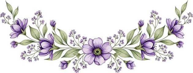 Elegant watercolor purple floral arrangement with green leaves and delicate buds forming a decorative botanical border on white background