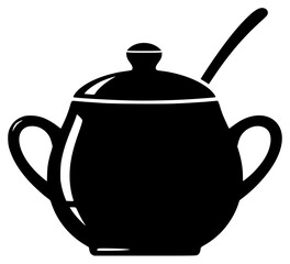 A black and white silhouette of a teapot with a spoon, black, boiler, icon, illustration, kitchenware, profile, tea, tea pot, tea set, against transparent background