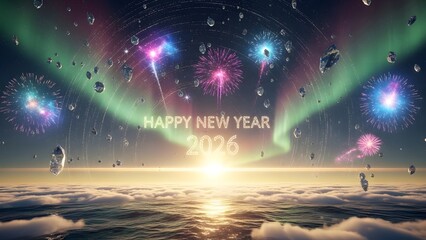 Spectacular new years eve fireworks illuminate the night sky over a calm ocean