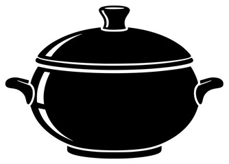 A black and white silhouette of a pot with a lid and two handles, black, boiler, flat, icon, illustration, kitchenware, lid, pot, profile, tea pot, against transparent background