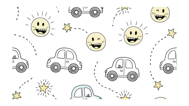 Cheerful Car & Sun Illustration: A playful cartoon design with smiling suns, cars, and stars on a seamless pattern, perfect for children's designs.