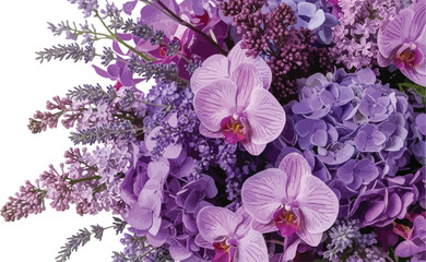 Elegant purple floral arrangement featuring vibrant orchids, delicate hydrangeas, and fragrant lavender, creating a beautiful and serene botanical display