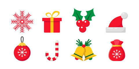 vector illustration of Festive Christmas Icons Set Featuring Snowflake, Gift, Holly, Santa Hat, Ornament, Candy Cane, Bells.
