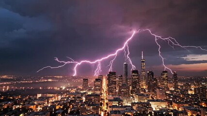 Dramatic Lightning Storm Illuminates City Skyline at Night with Striking Bolts Across the Sky. - Powered by Adobe
