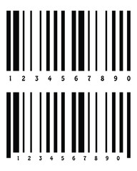 Minimal black barcode set featuring numeric labels 0–9. Clean, bold, high-contrast barcodes ideal for retail, product labeling, scanning, packaging, and inventory design projects.