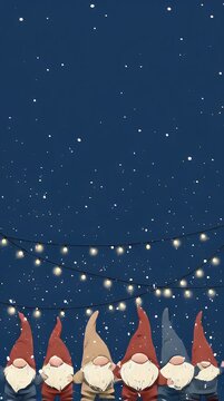 Christmas Gnomes Under Snowy Starry Night Sky with Fairy Lights