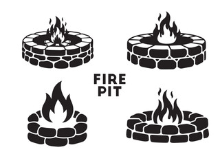 Four distinct stone fire pit designs with bold flames for outdoor design
