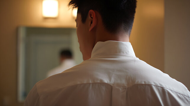 A man stares at his reflection in the mirror, ready to start his day. The crisp white shirt reflects a sense of purpose and calm before facing the day's demands.