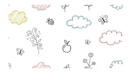 Whimsical Doodle: Playful doodle art with clouds, butterfly, leaves and a cute apple. A fun illustration designed for adding a touch of innocence and fun to any project.