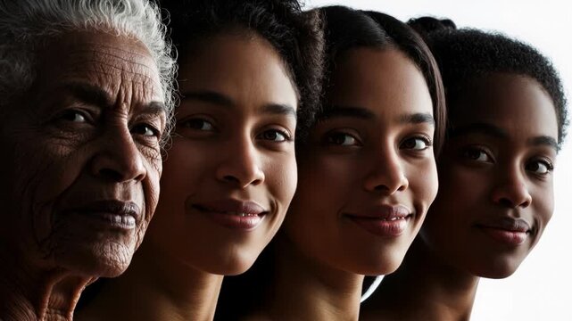 Four generations of African American women in profile on white background. Grandmother, mother, daughters representing family lineage and aging process. Studio portrait showing generational beauty.